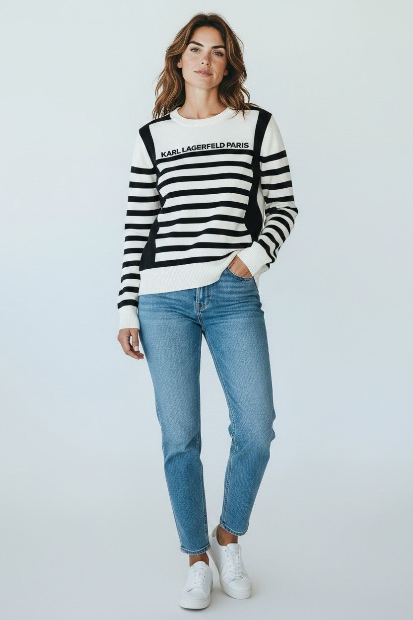 Karl Lagerfeld Paris Striped Crew Neck Sweater Medium Black/