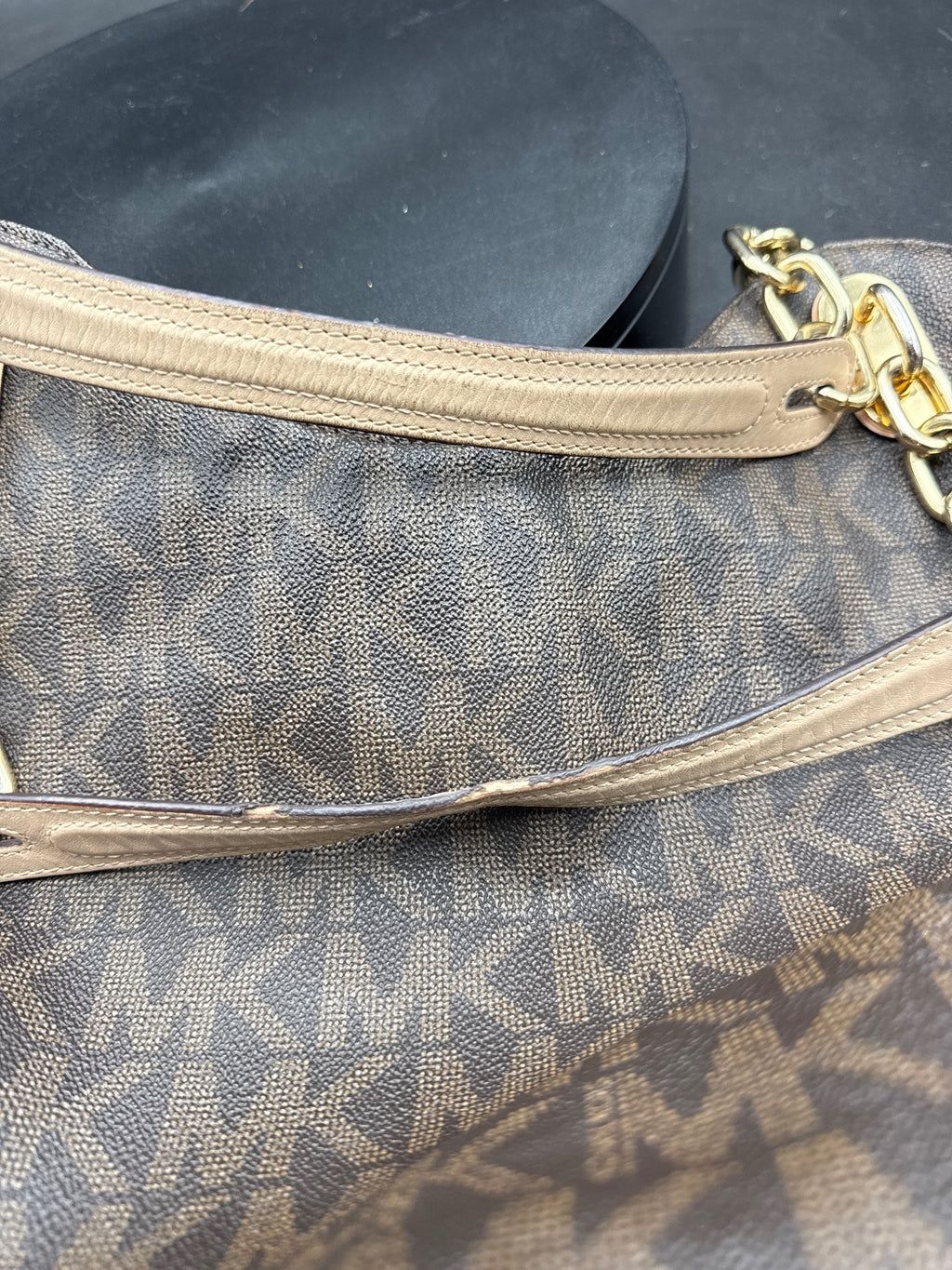 Michael Kors Large Brown MK Logo Tote Bag with Gold Chain