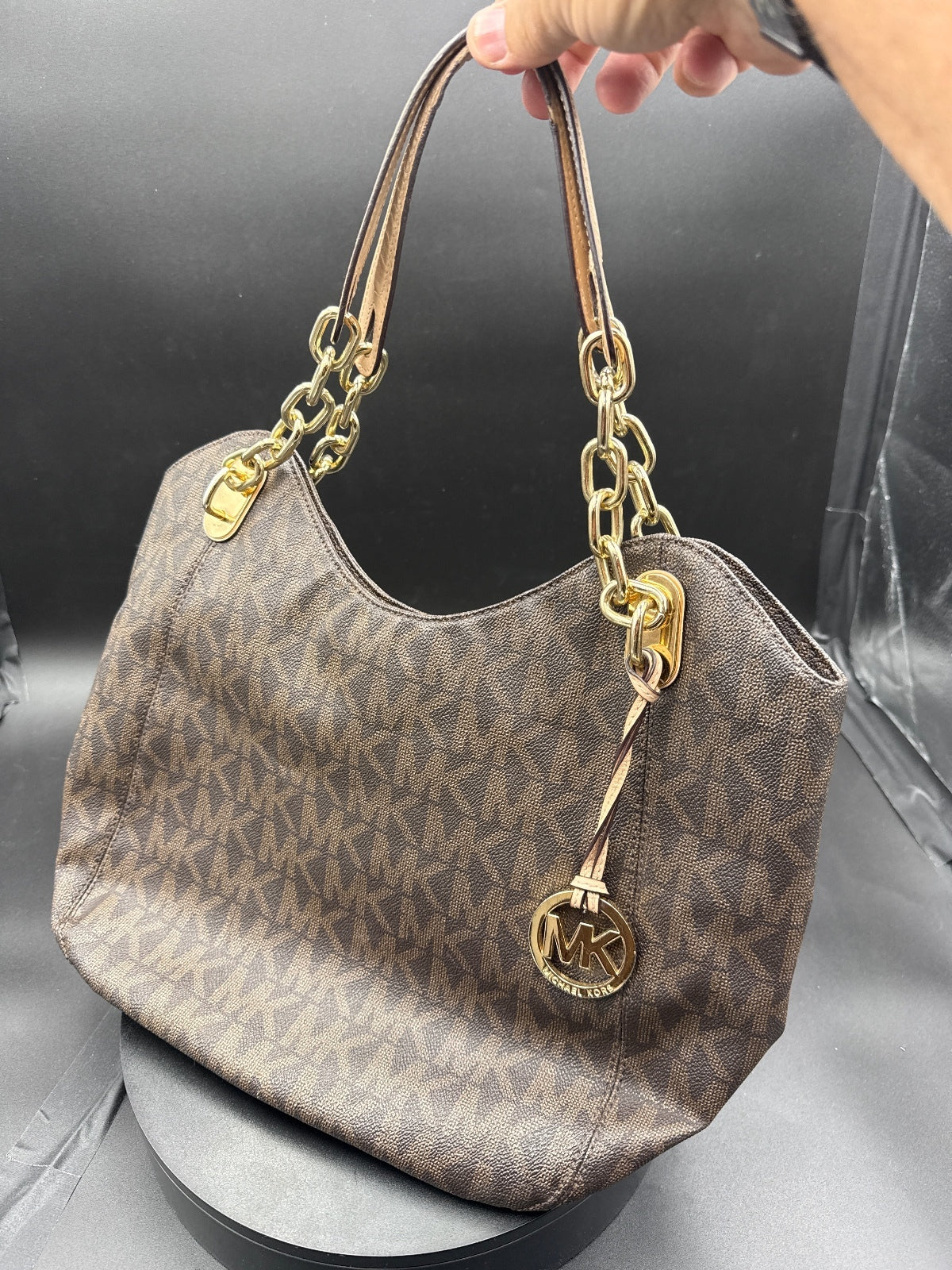 Michael Kors Large Brown MK Logo Tote Bag with Gold Chain