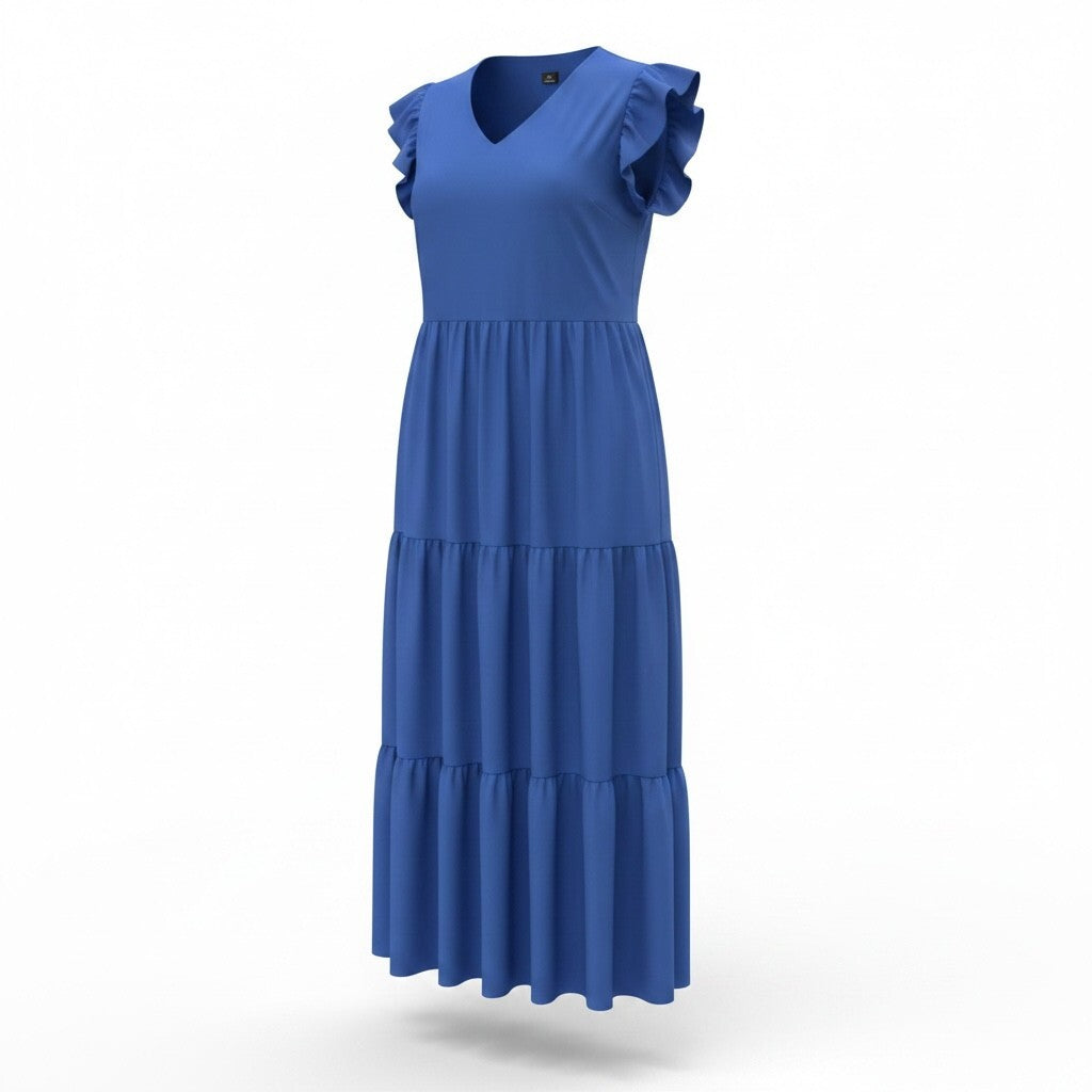 Blue Ruffled Sleeve Tiered Maxi Dress XL