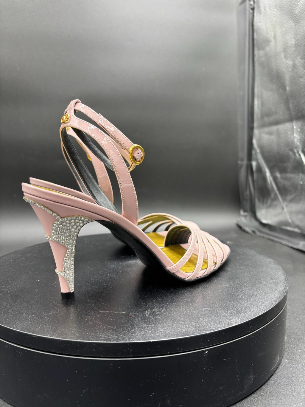 Valentino Pink Leather Strappy Heeled Sandals with Crystal--