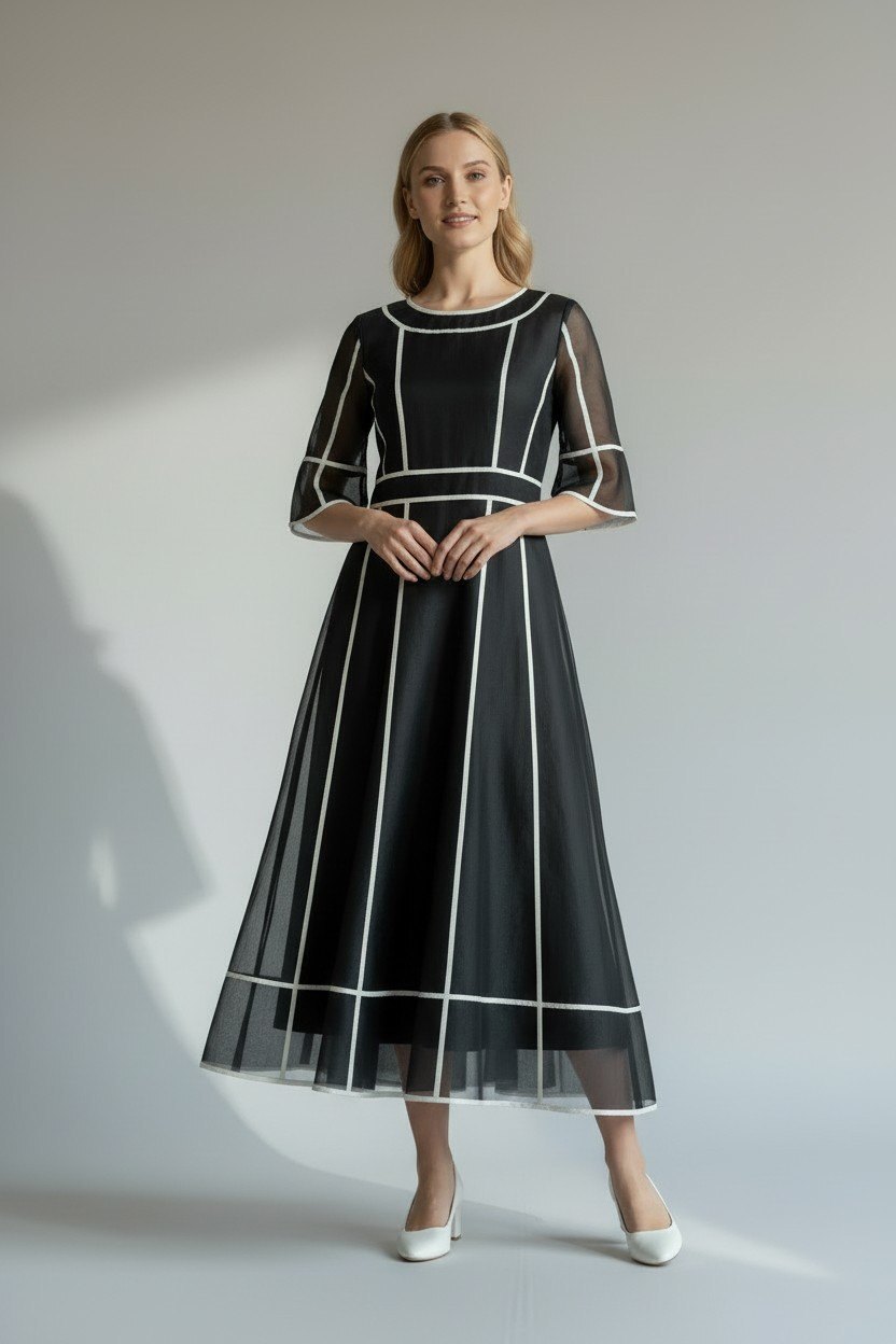 Ming Wang Black White Grid Sheer Sleeve Midi Dress NWT M