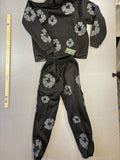 Black Hoodie and Jogger Set with Gray Floral Patterns - Size Small