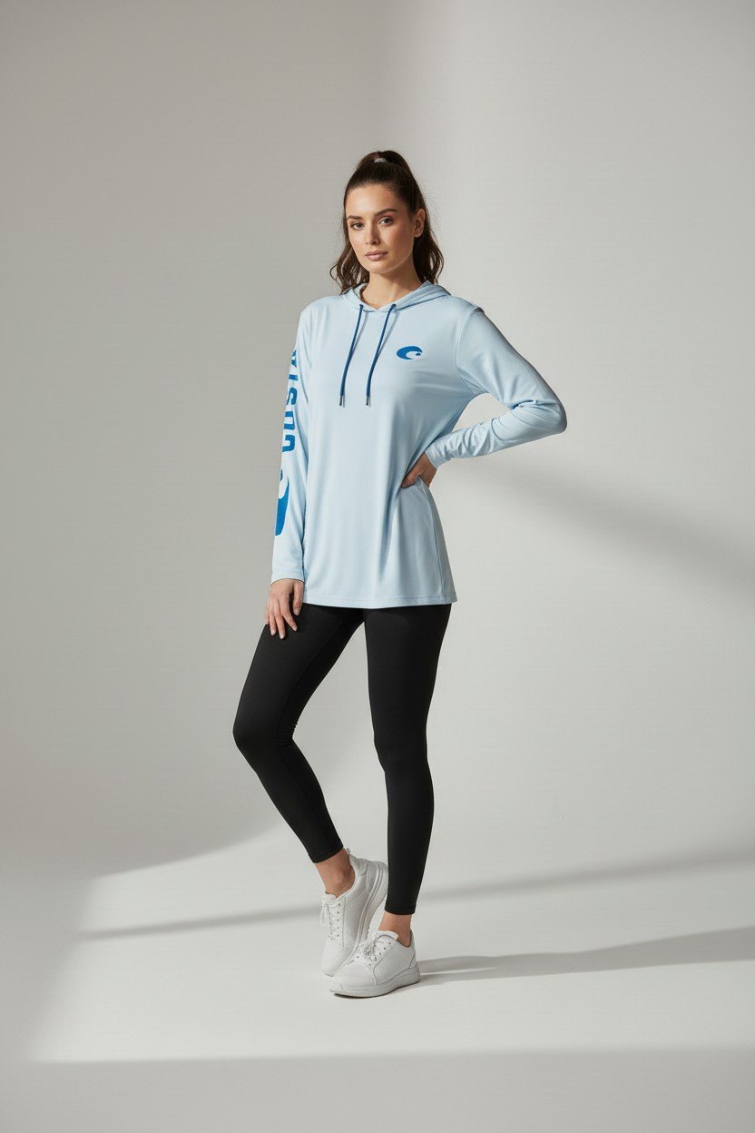Costa Technical Hooded Long Sleeve Shirt Large Light Blue