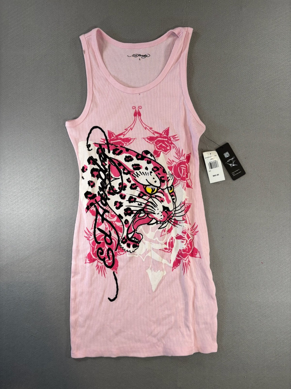 Ed Hardy Pink Tank Dress with Leopard and Skull Print, Large