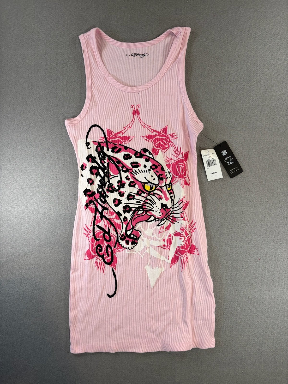 Ed Hardy Pink Tank Dress with Leopard and Skull Print, Large