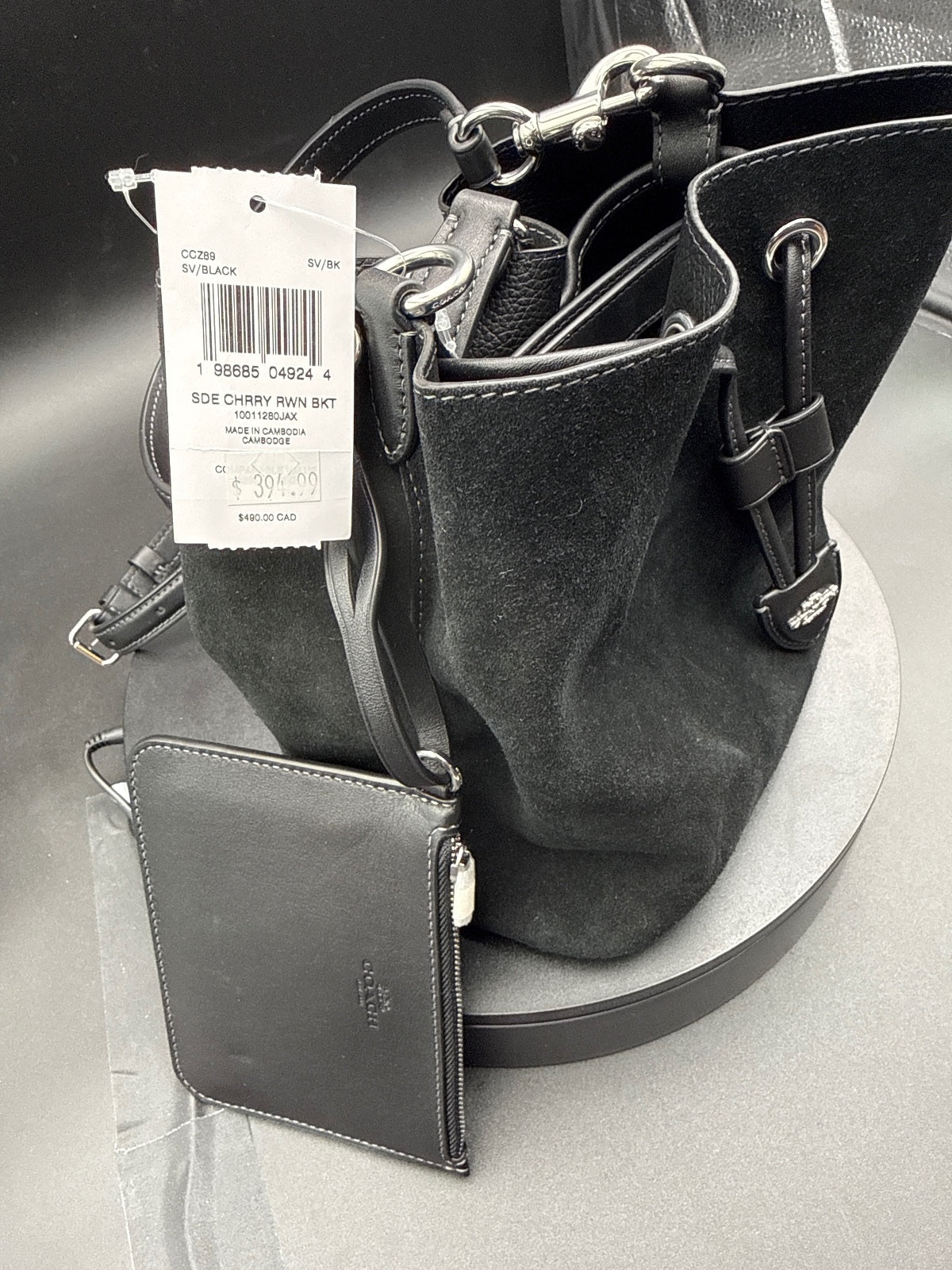 Coach Side Cherry Suede Drawstring Bucket Bag, Leather Trim