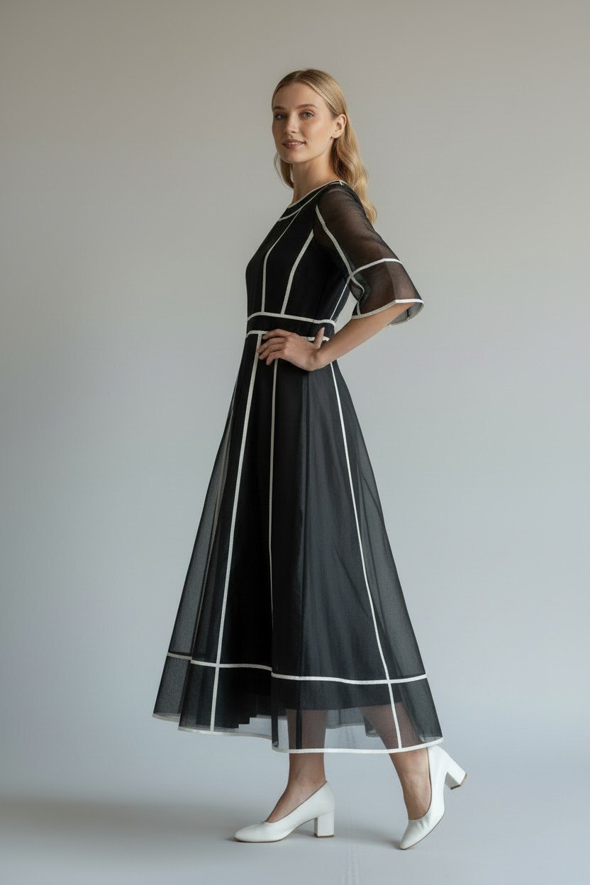 Ming Wang Black White Grid Sheer Sleeve Midi Dress NWT M