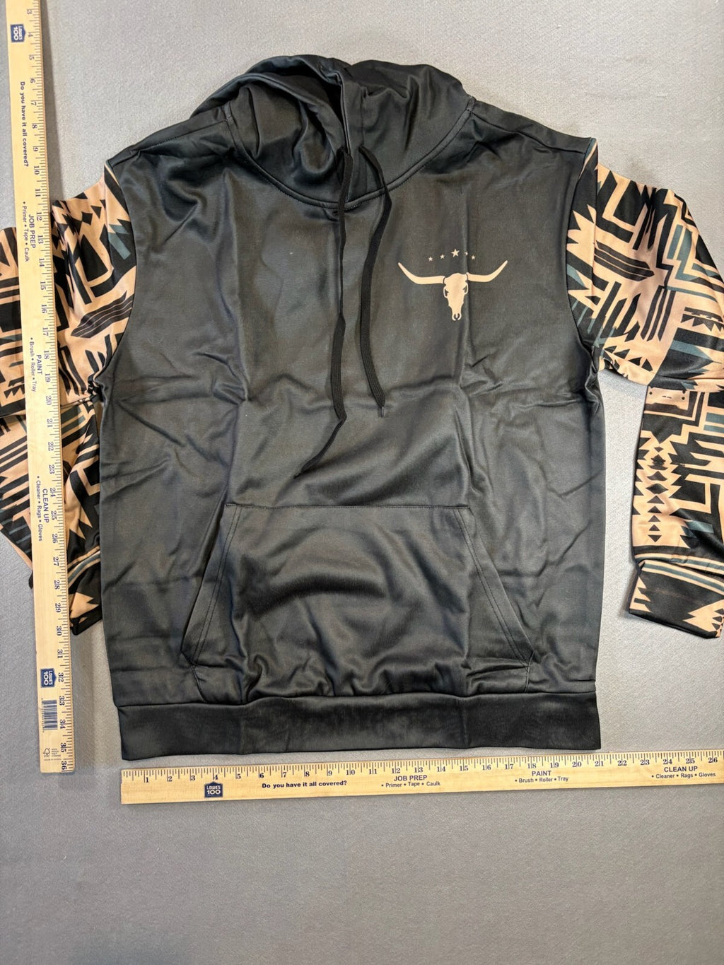 Black Hoodie with Aztec Patterned Sleeves and Longhorn Logo XL