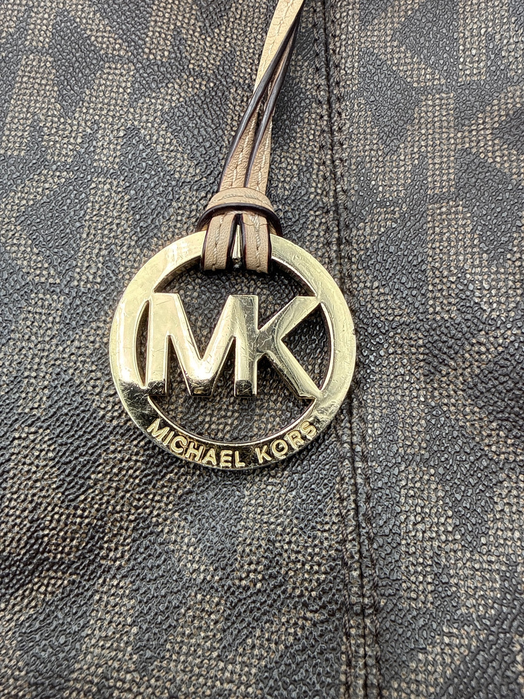 Michael Kors Large Brown MK Logo Tote Bag with Gold Chain