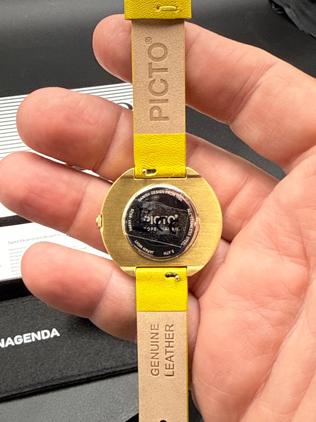 PICTO Minimalist Yellow Leather Strap Watch - Red Dial, Danish Design, New