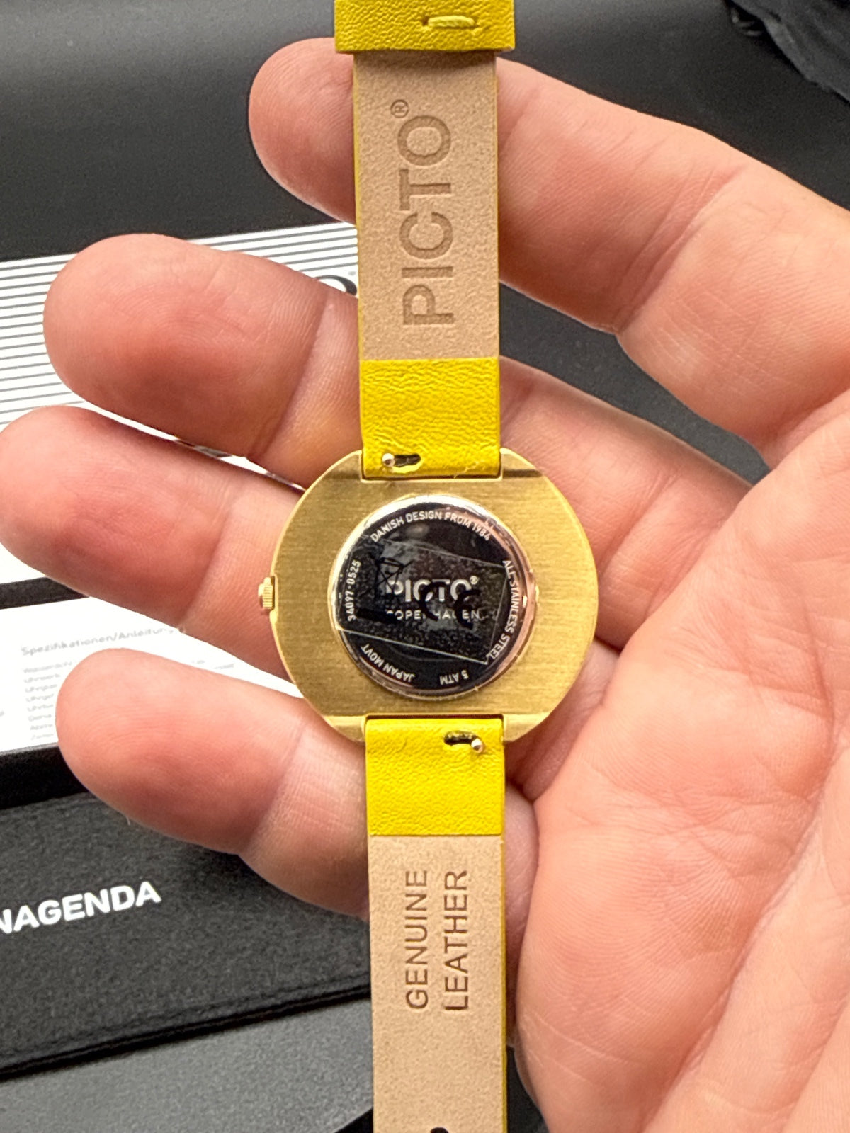 PICTO Minimalist Yellow Leather Strap Watch - Red Dial, Danish Design, New