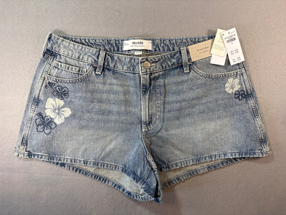 Hollister High-Rise A-Line Denim Shorts with Floral Embroder