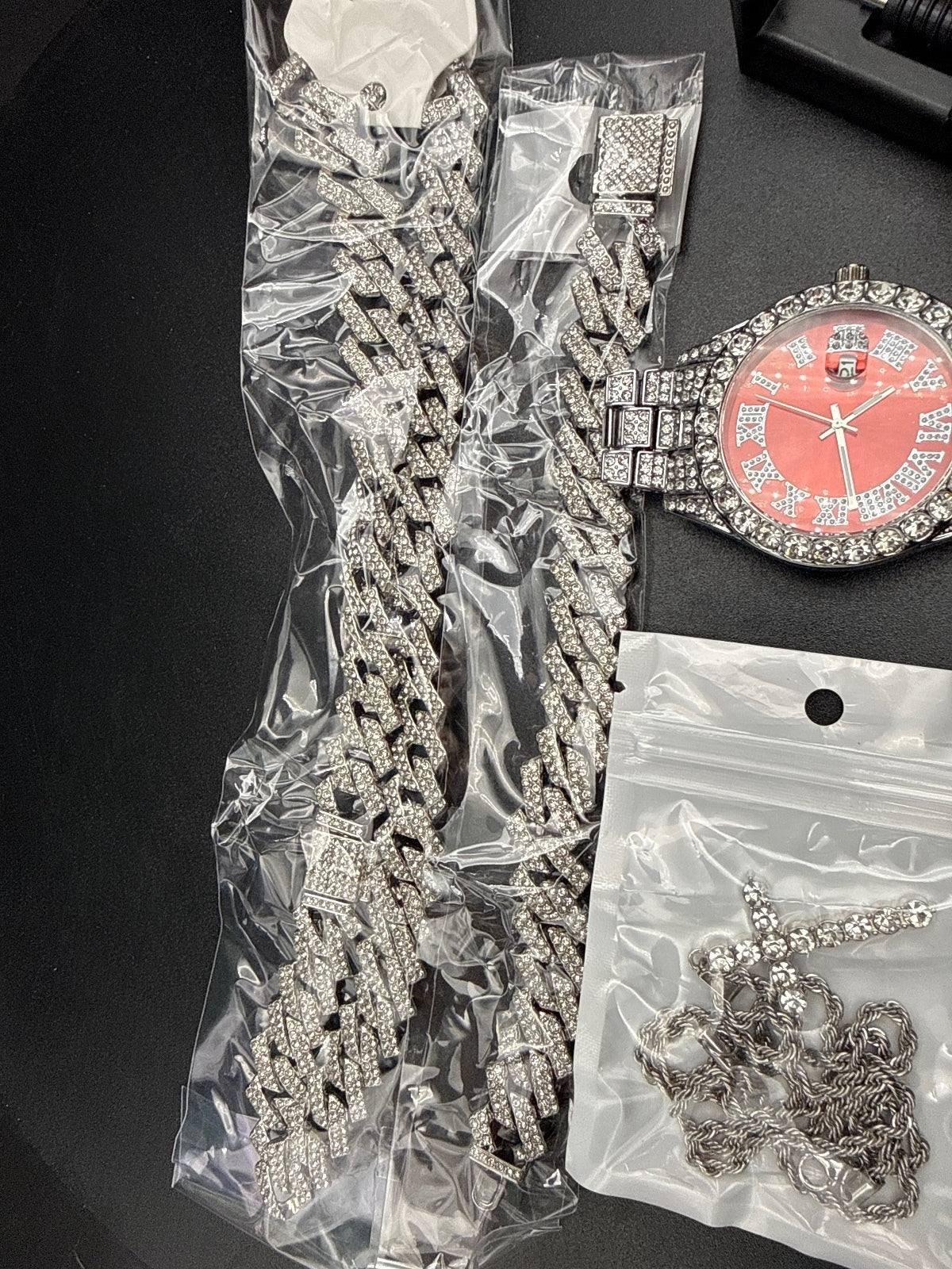 Rhinestone Studded Silver Wristwatch with Matching Chains and Cross Pendant