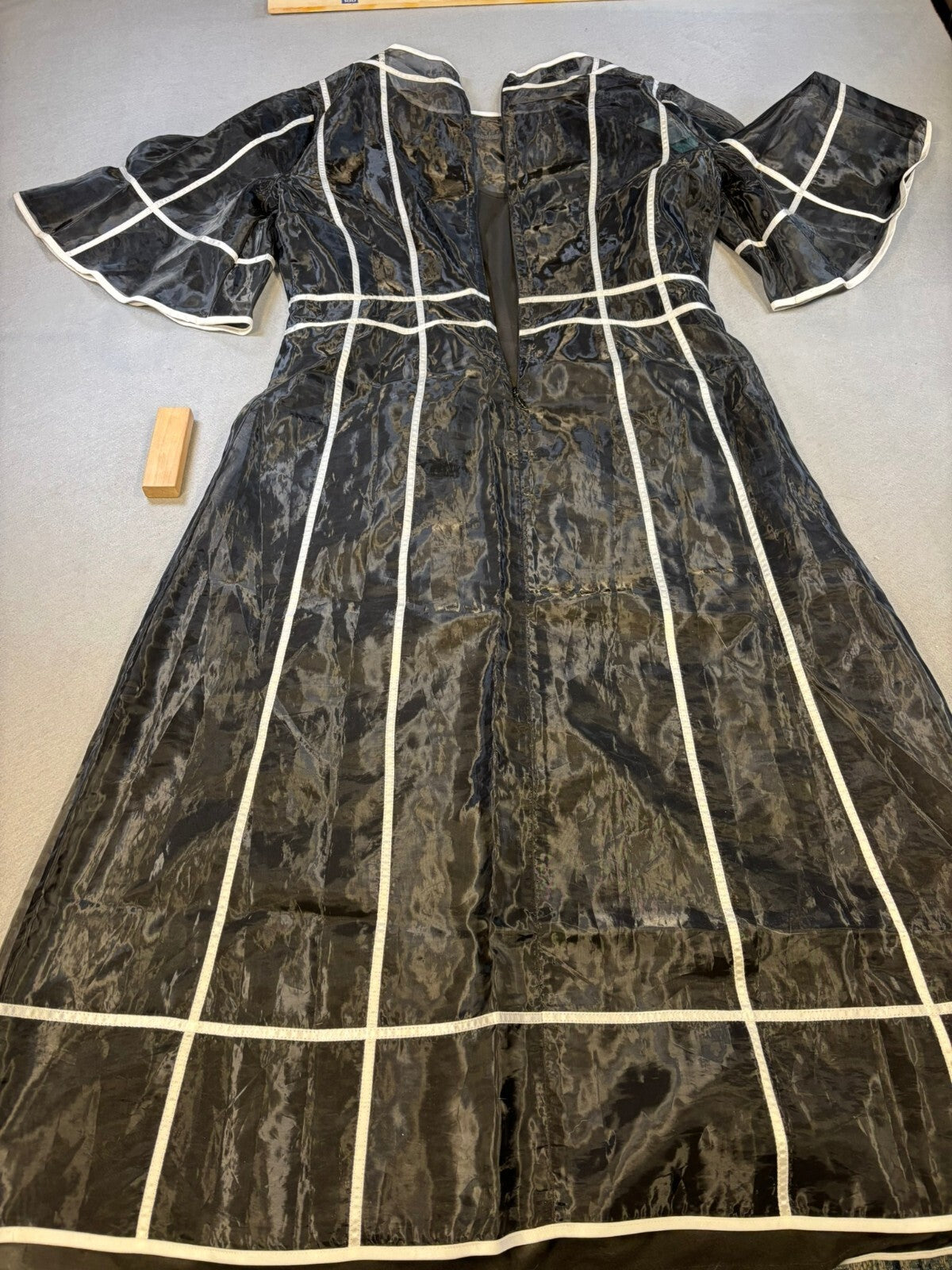 Ming Wang Black White Grid Sheer Sleeve Midi Dress NWT M