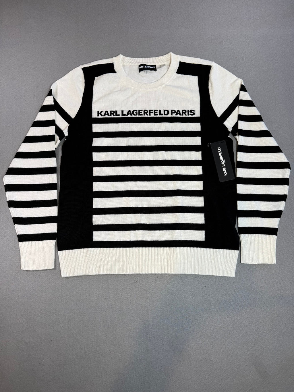 Karl Lagerfeld Paris Striped Crew Neck Sweater Medium Black/