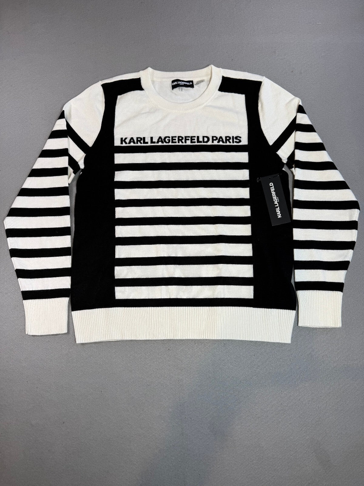 Karl Lagerfeld Paris Striped Crew Neck Sweater Medium Black/