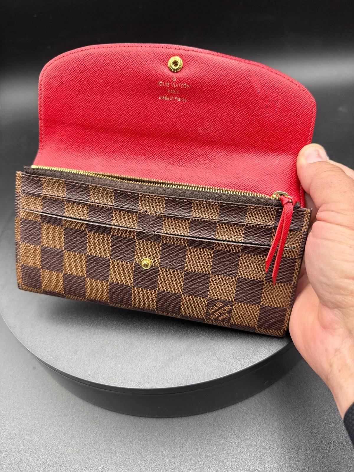Louis Vuitton Damier Ebene Canvas Red Interior Long Wallet