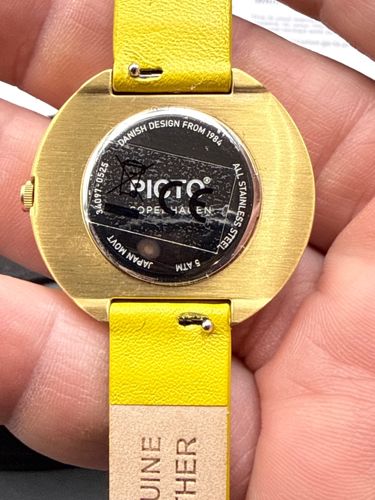 PICTO Minimalist Yellow Leather Strap Watch - Red Dial, Danish Design, New