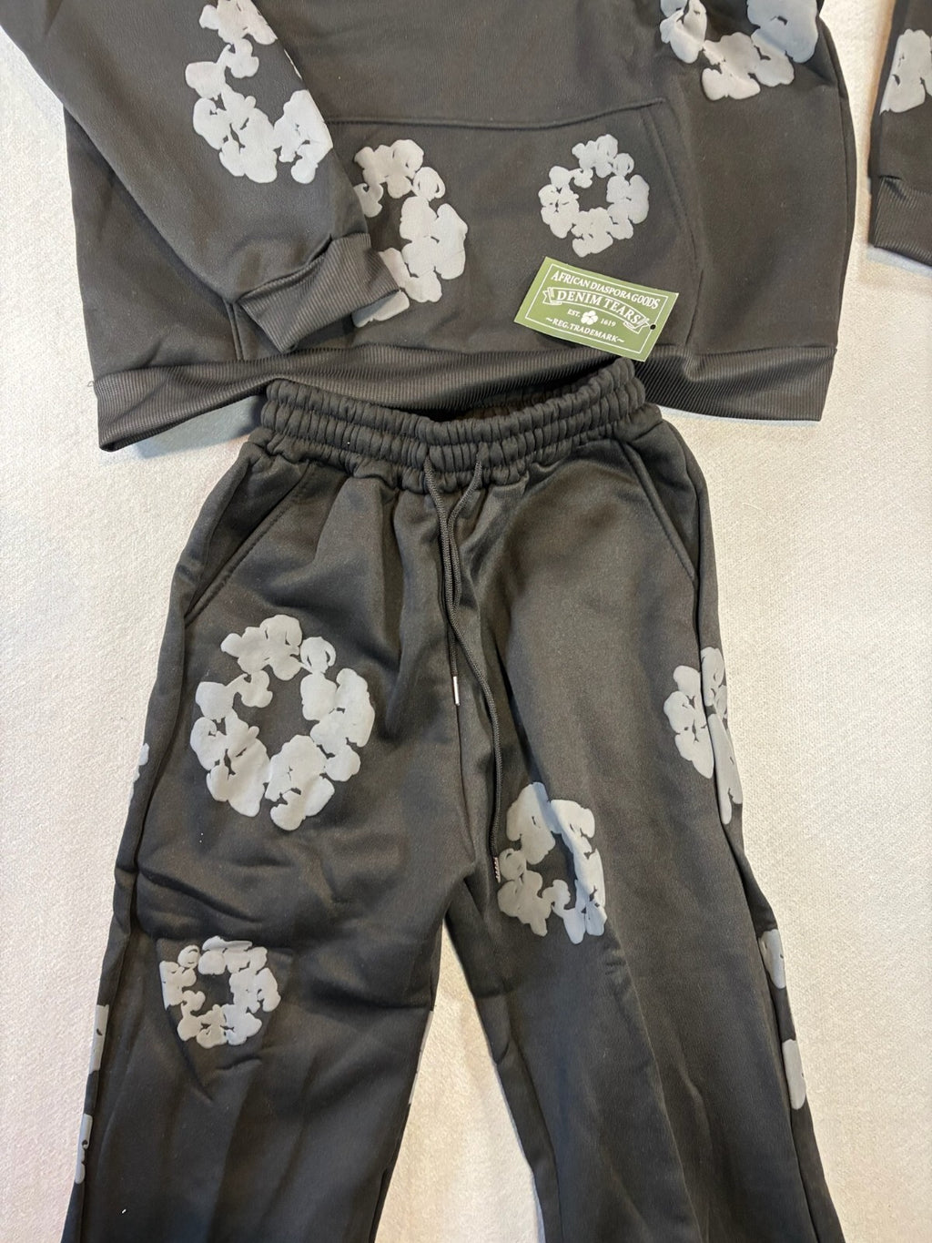 Black Hoodie and Jogger Set with Gray Floral Patterns - Size Small