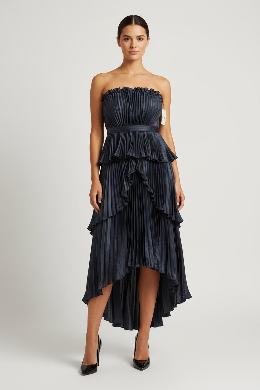 AMUR Janey Tiered Shell Midi Dress Navy Size 8