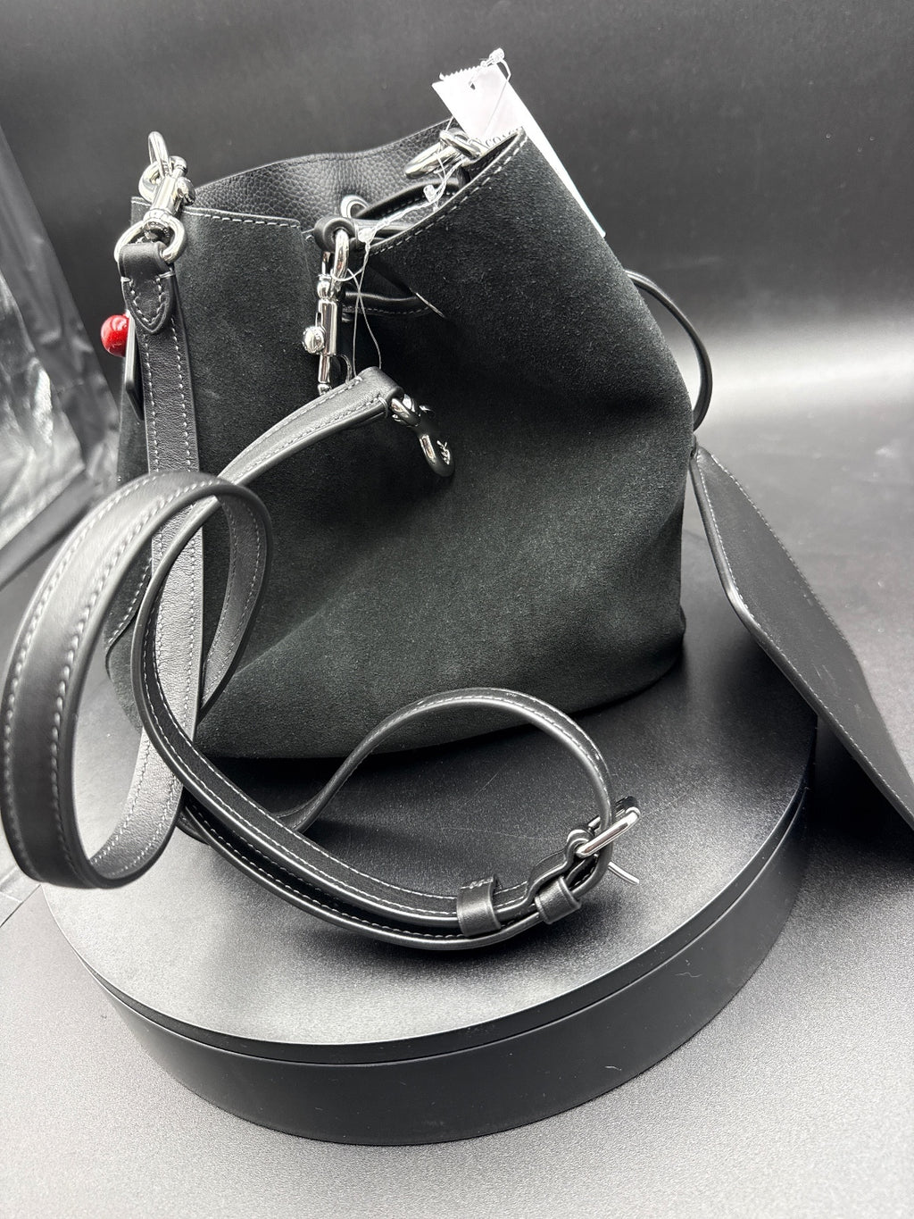Coach Side Cherry Suede Drawstring Bucket Bag, Leather Trim