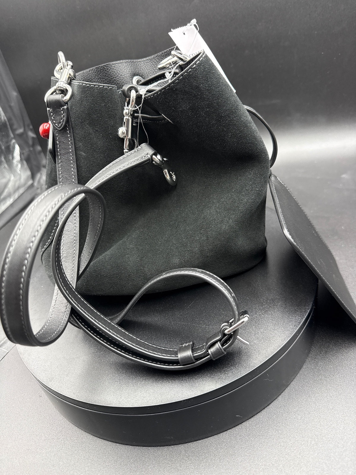 Coach Side Cherry Suede Drawstring Bucket Bag, Leather Trim