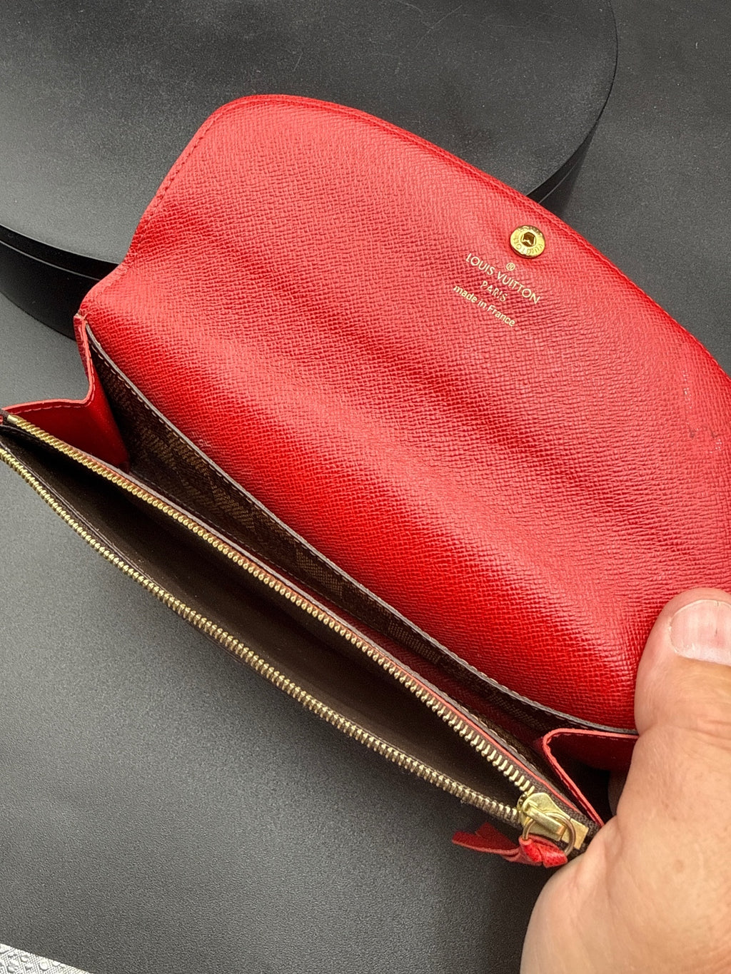 Louis Vuitton Damier Ebene Canvas Red Interior Long Wallet