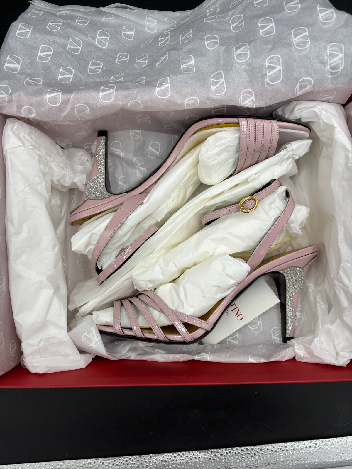 Valentino Pink Leather Strappy Heeled Sandals with Crystal--