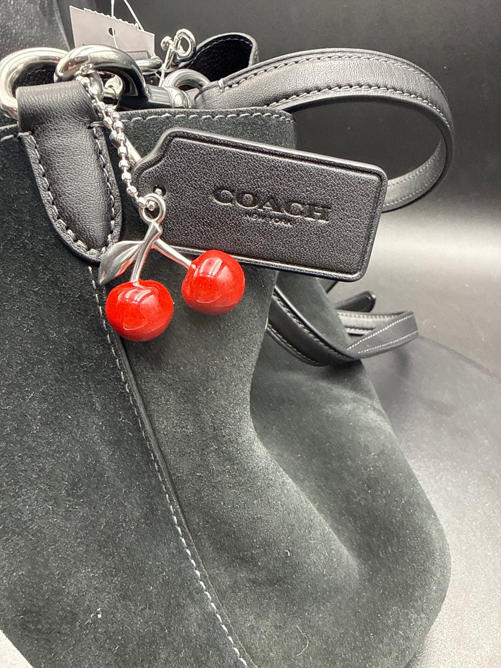 Coach Side Cherry Suede Drawstring Bucket Bag, Leather Trim