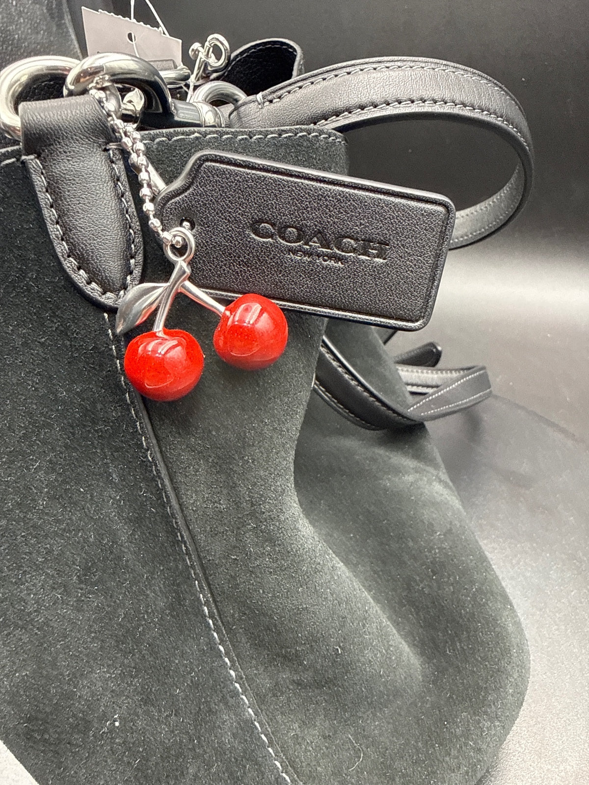 Coach Side Cherry Suede Drawstring Bucket Bag, Leather Trim