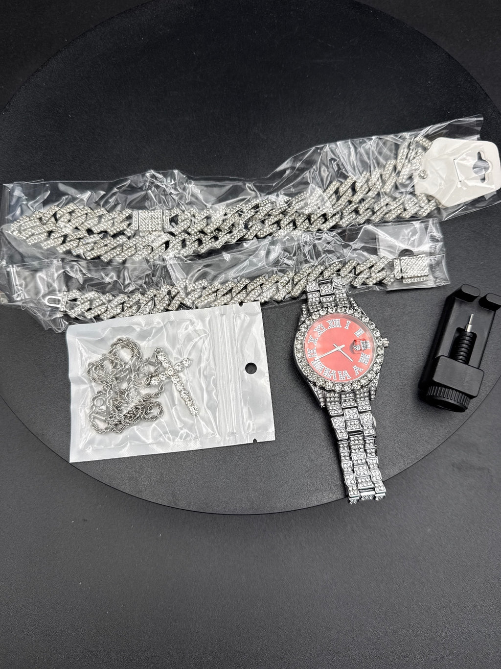 Rhinestone Studded Silver Wristwatch with Matching Chains and Cross Pendant