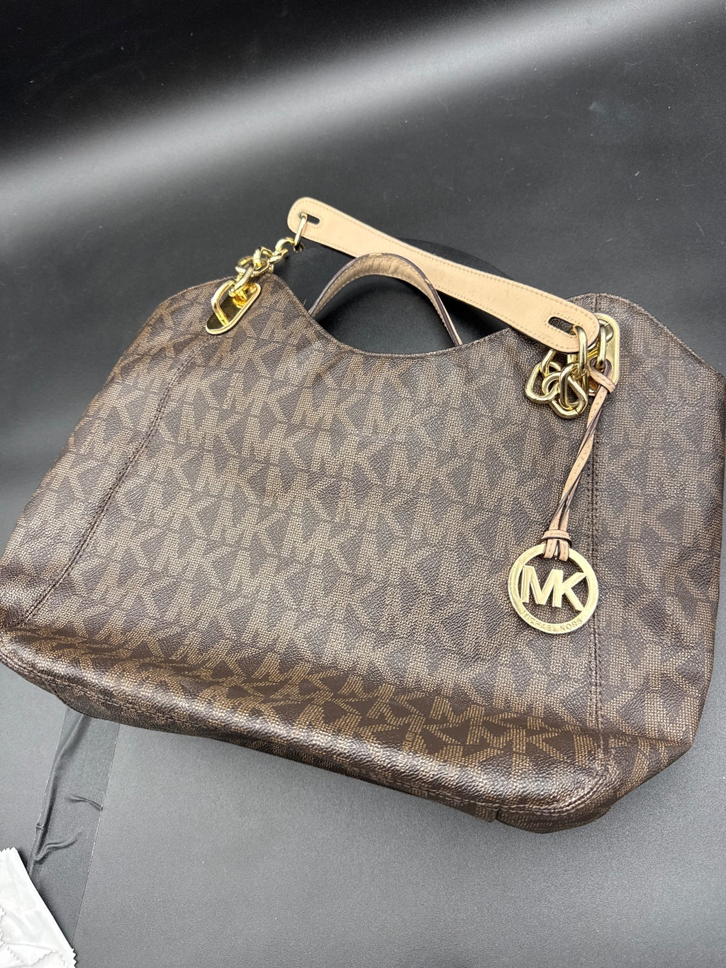 Michael Kors Large Brown MK Logo Tote Bag with Gold Chain