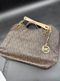 Michael Kors Large Brown MK Logo Tote Bag with Gold Chain
