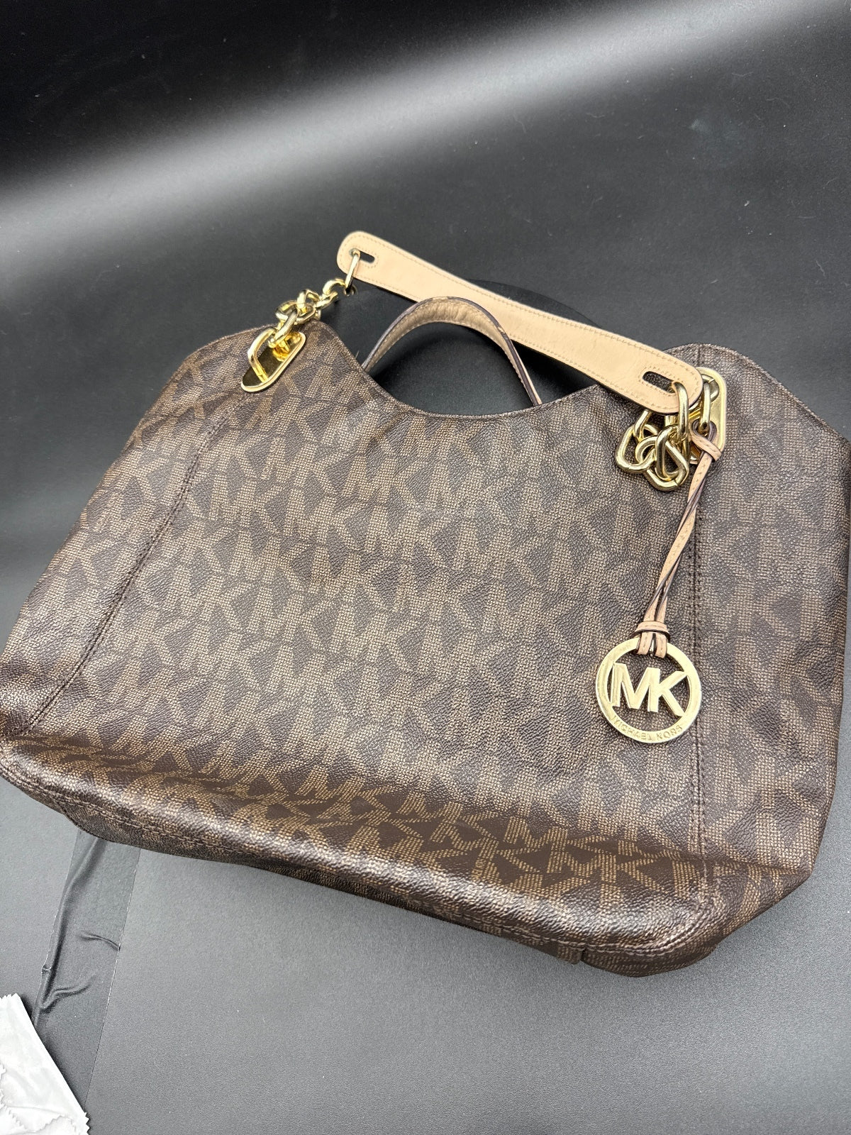 Michael Kors Large Brown MK Logo Tote Bag with Gold Chain