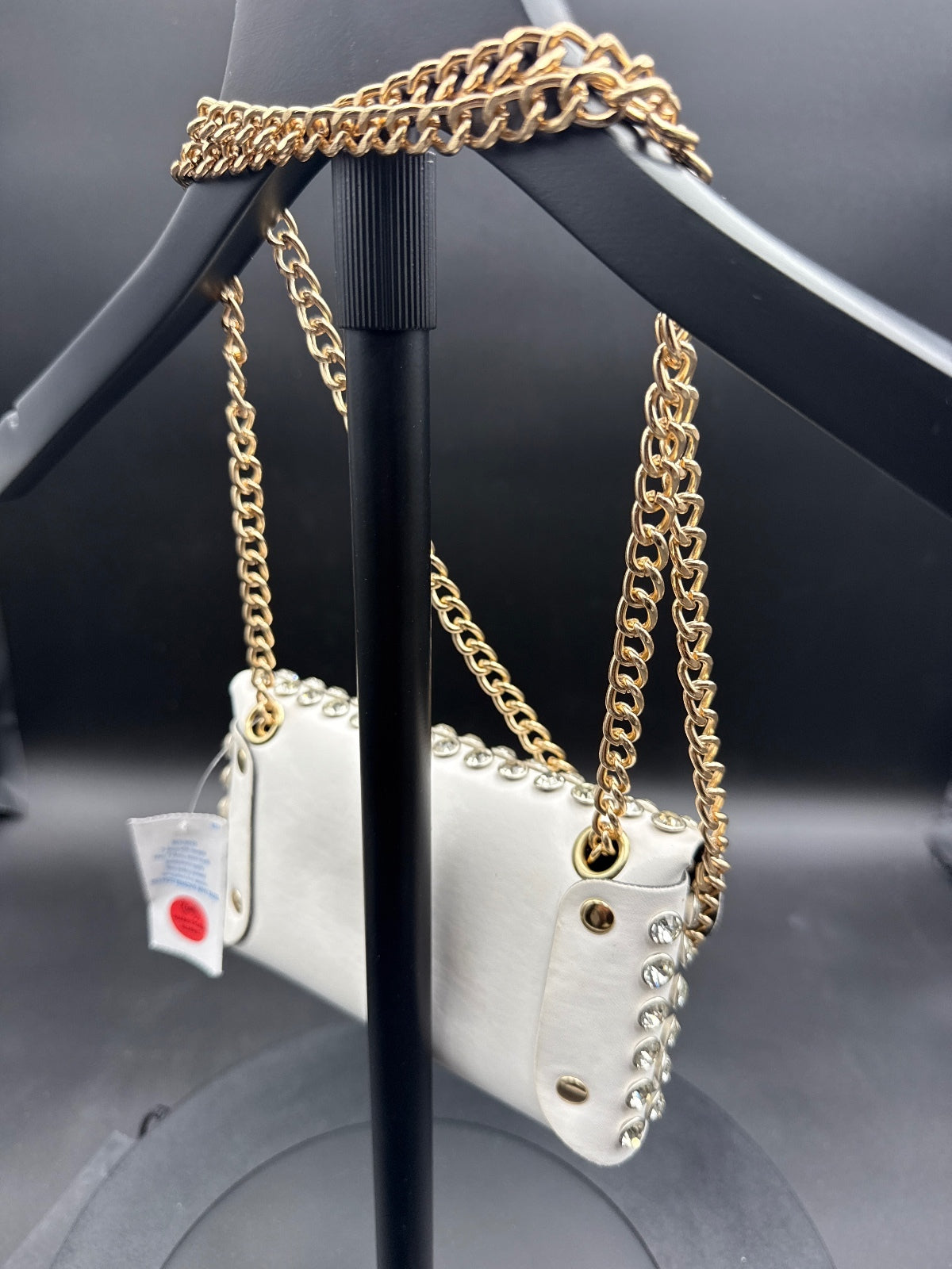 White Studded Leather Shoulder Bag with Gold Chain Strap