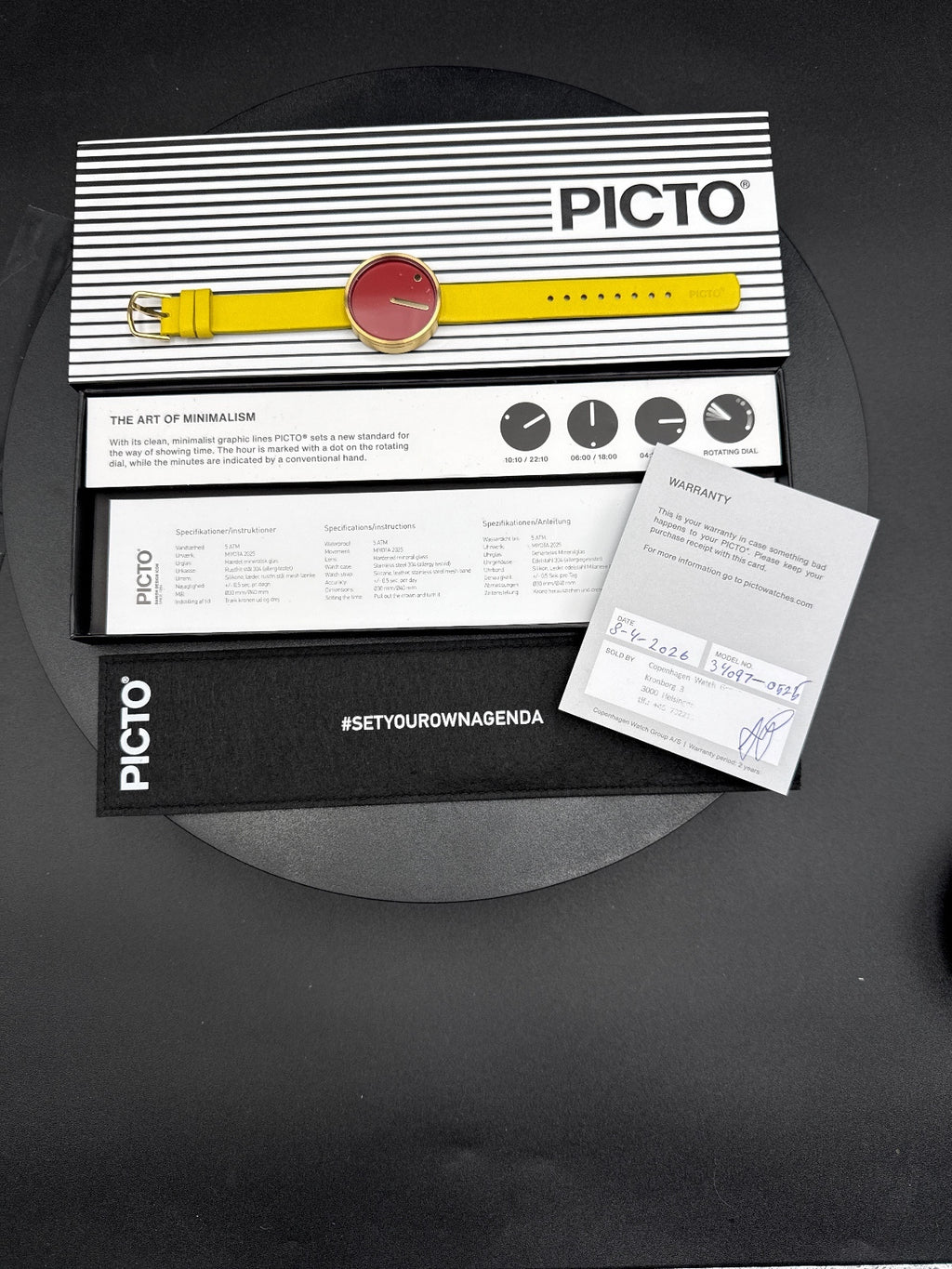PICTO Minimalist Yellow Leather Strap Watch - Red Dial, Danish Design, New