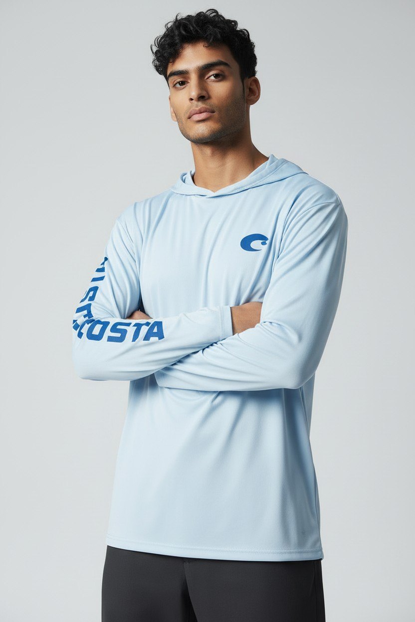 Costa Technical Hooded Long Sleeve Shirt Medium Light Blue