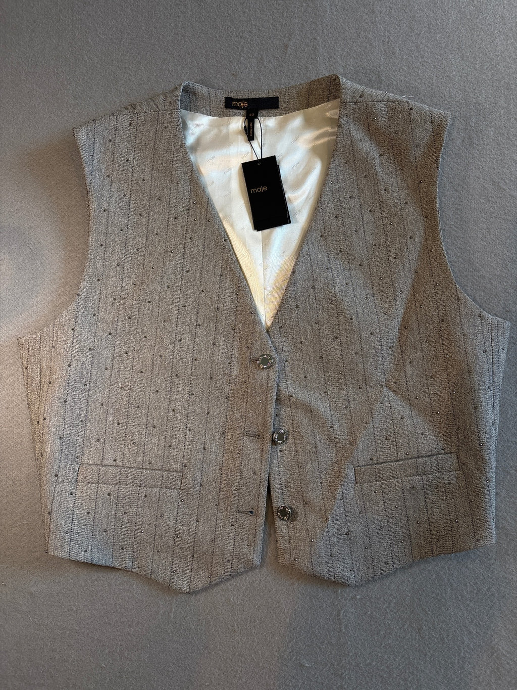 Maje Gray Wool Blend Vest with Rhinestone Detail Size 40