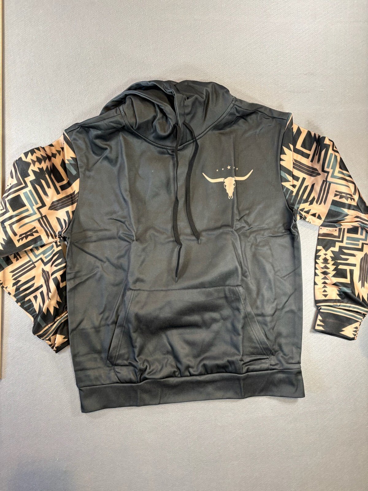 Black Hoodie with Aztec Patterned Sleeves and Longhorn Logo XL