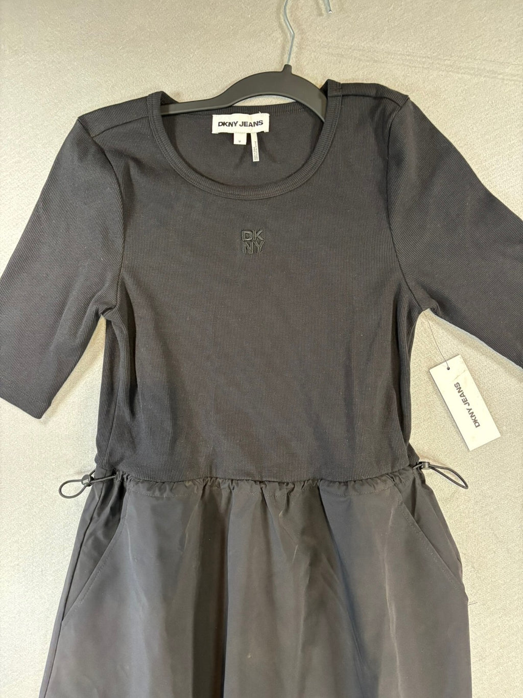 DKNY Jeans Black Midi Dress with Drawstring Waist, Size M