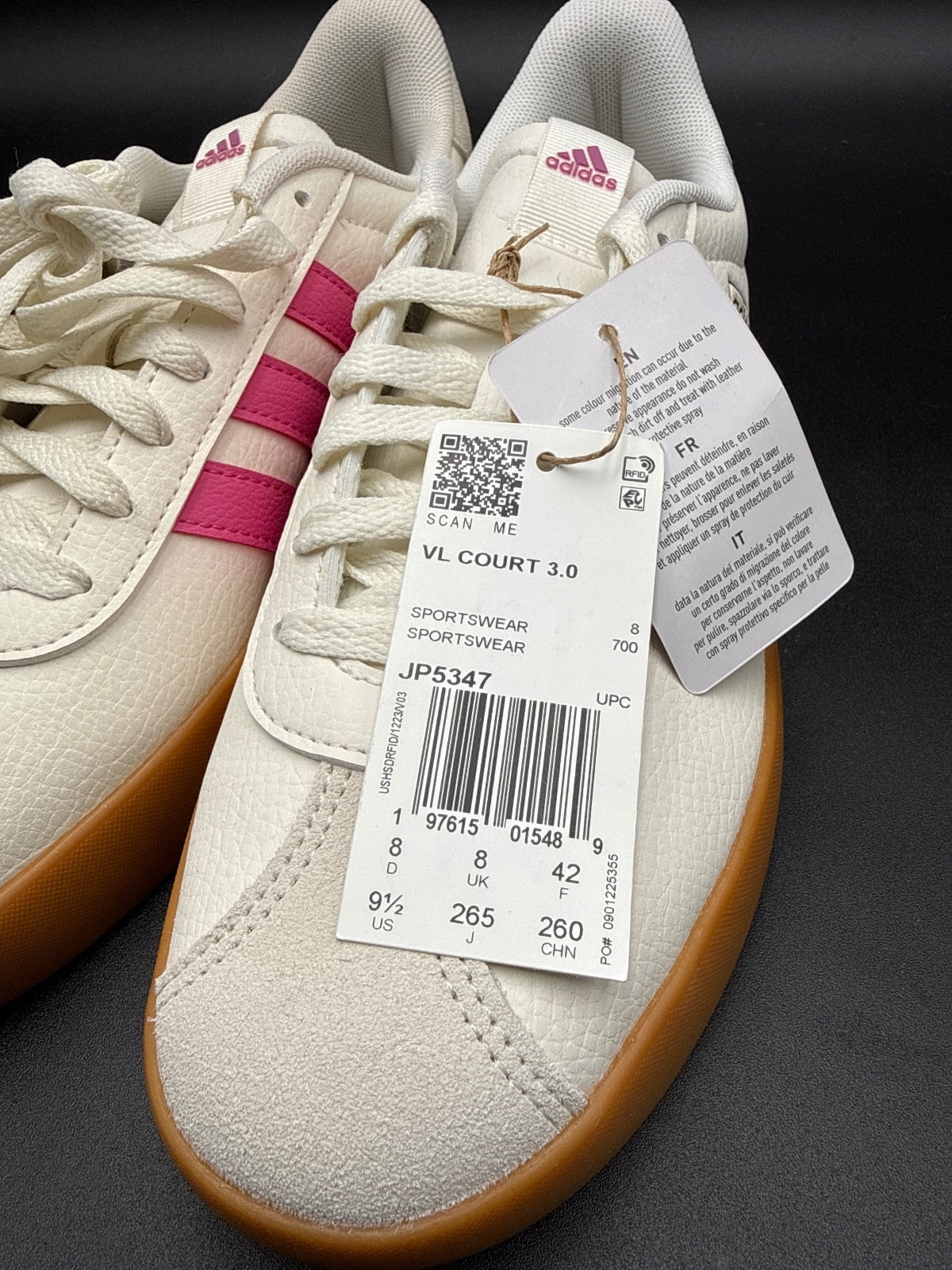 Adidas VL Court 3.0 Sneakers Size 9.5 US White Pink Gum Sole
