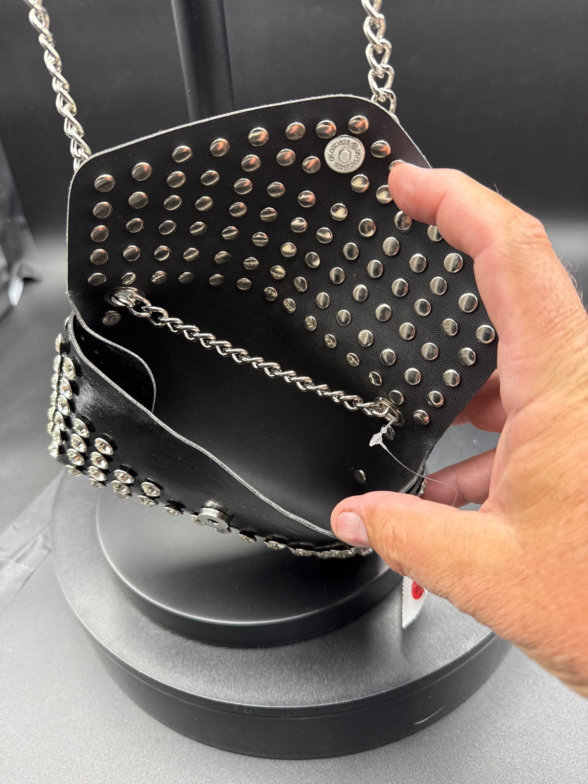 Black Studded Mini Shoulder Bag with Silver Chain Strap
