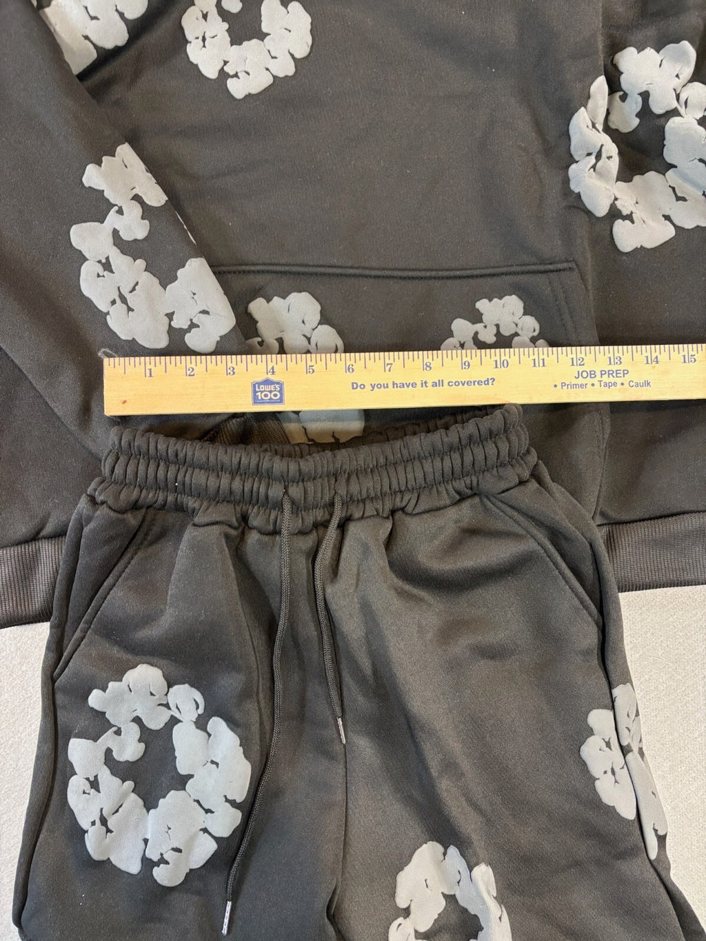 Black Hoodie and Jogger Set with Gray Floral Patterns - Size Small