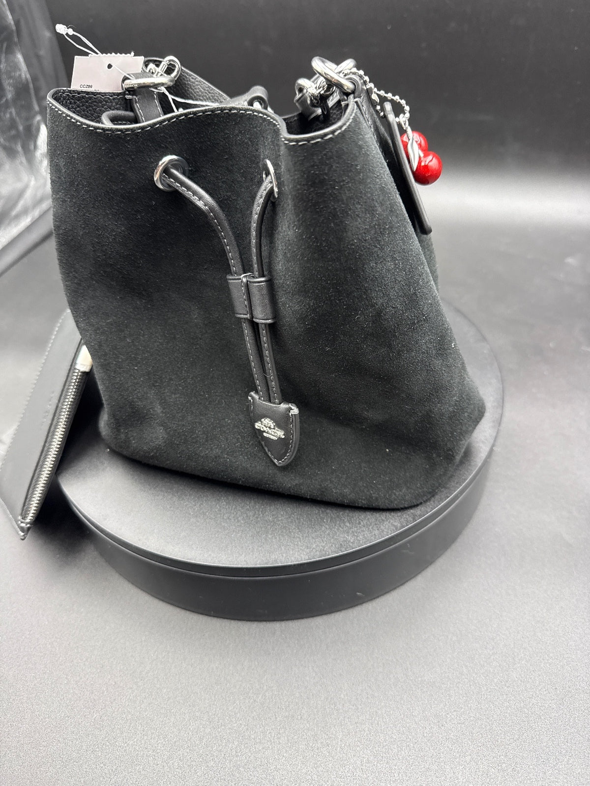 Coach Side Cherry Suede Drawstring Bucket Bag, Leather Trim
