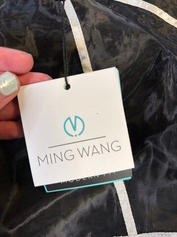 Ming Wang Black White Grid Sheer Sleeve Midi Dress NWT M