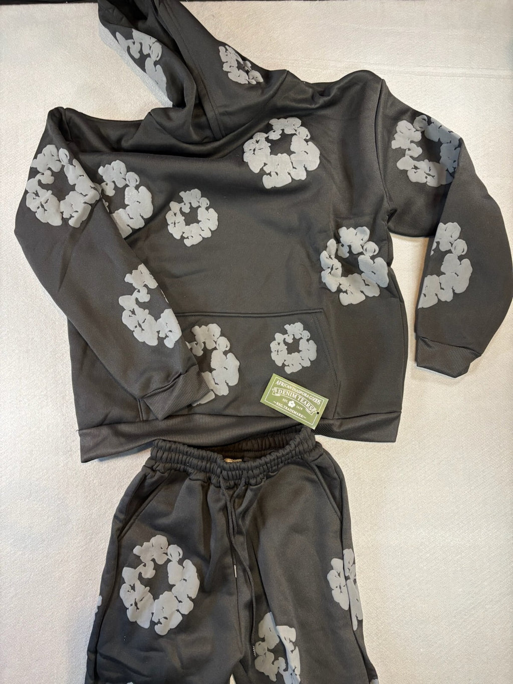 Black Hoodie and Jogger Set with Gray Floral Patterns - Size Small