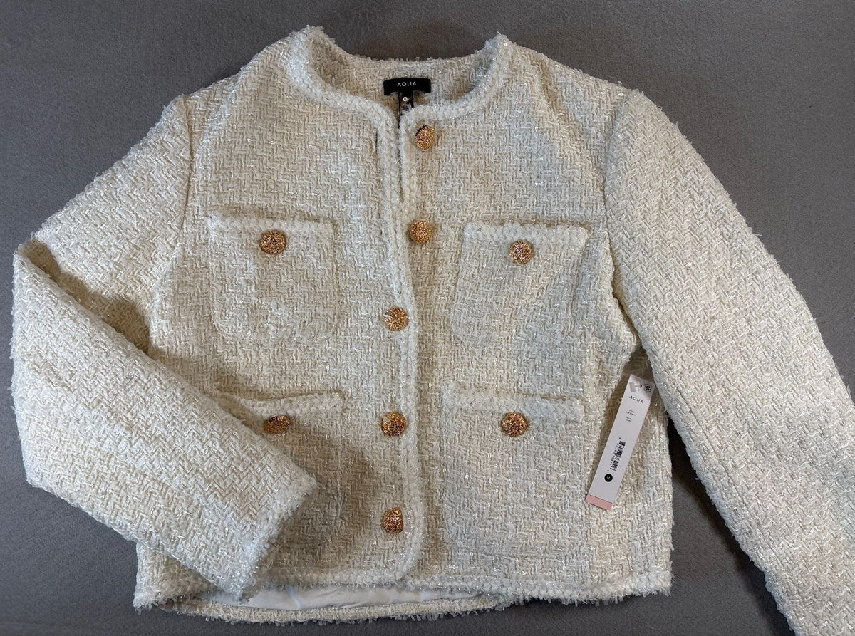 Aqua Ivory Tweed Cropped Jacket with Gold Buttons, Size M